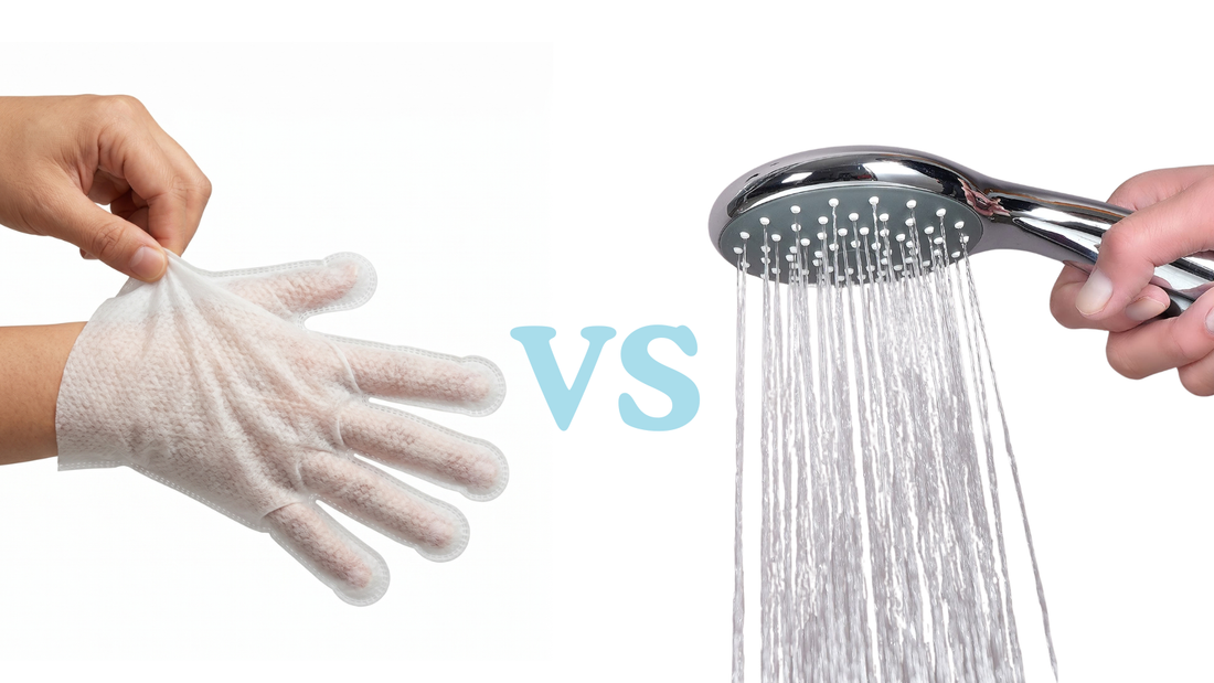 Comparaison entre un gant lingette et une douche pour nettoyer un chien