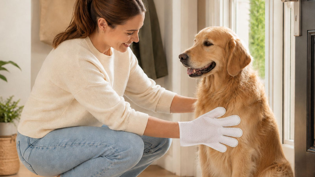 Nettoyage sans bain du pelage d’un chien avec un gant Wooky Care après une balade